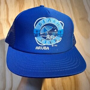 Vintage Designer Award Beach Club Aruba Trucker Hat Blue Mesh Snapback Cap